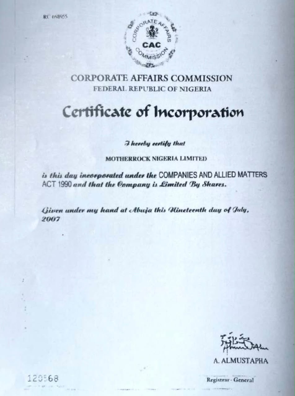 MotherRock Nigeria Limited certificate of incorporation