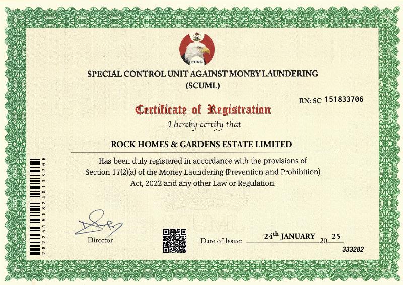 Rock Homes and Gardens Estate Limited SCUML registration certificate