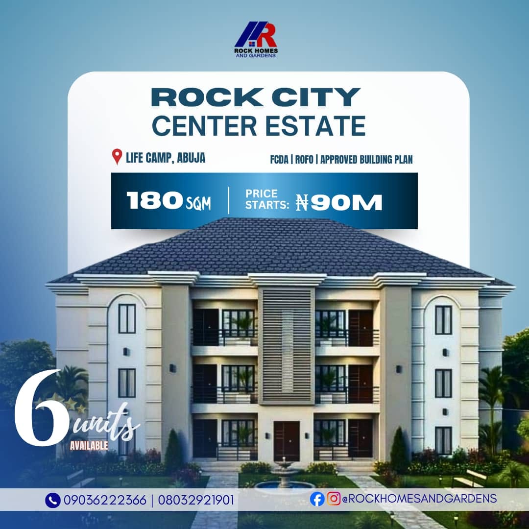 Rock City Center Estate promotional artwork showing a residential building and a starting price of ninety million naira