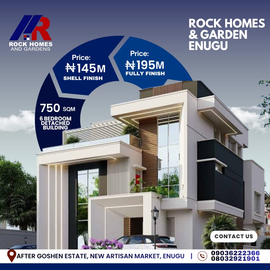 Rock Homes and Gardens Enugu promotional artwork showing a six-bedroom detached building, 750 square metres, and shell and finished prices